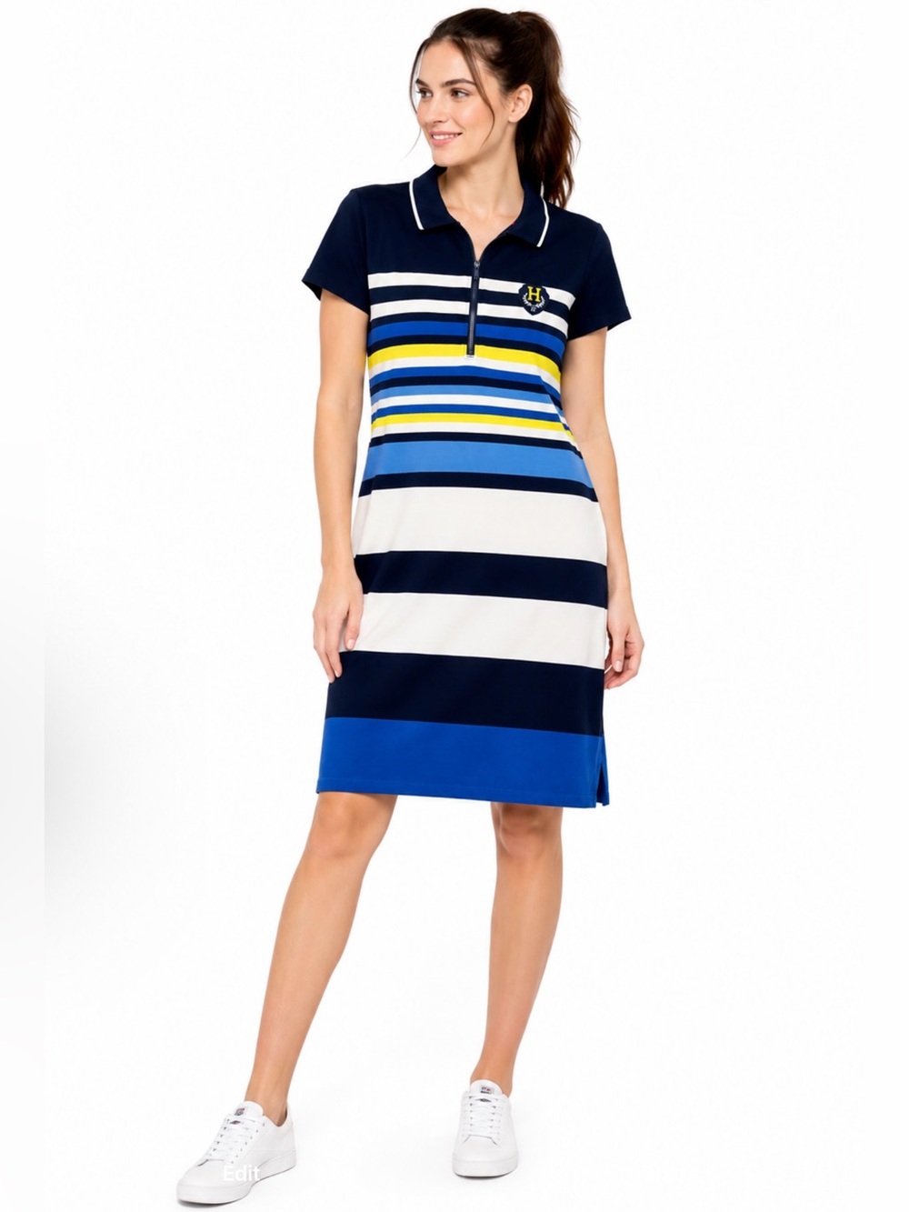 Vintage Tommy Hilfiger Striped Polo Dress Navy Blue White Sporty Bodycon Large